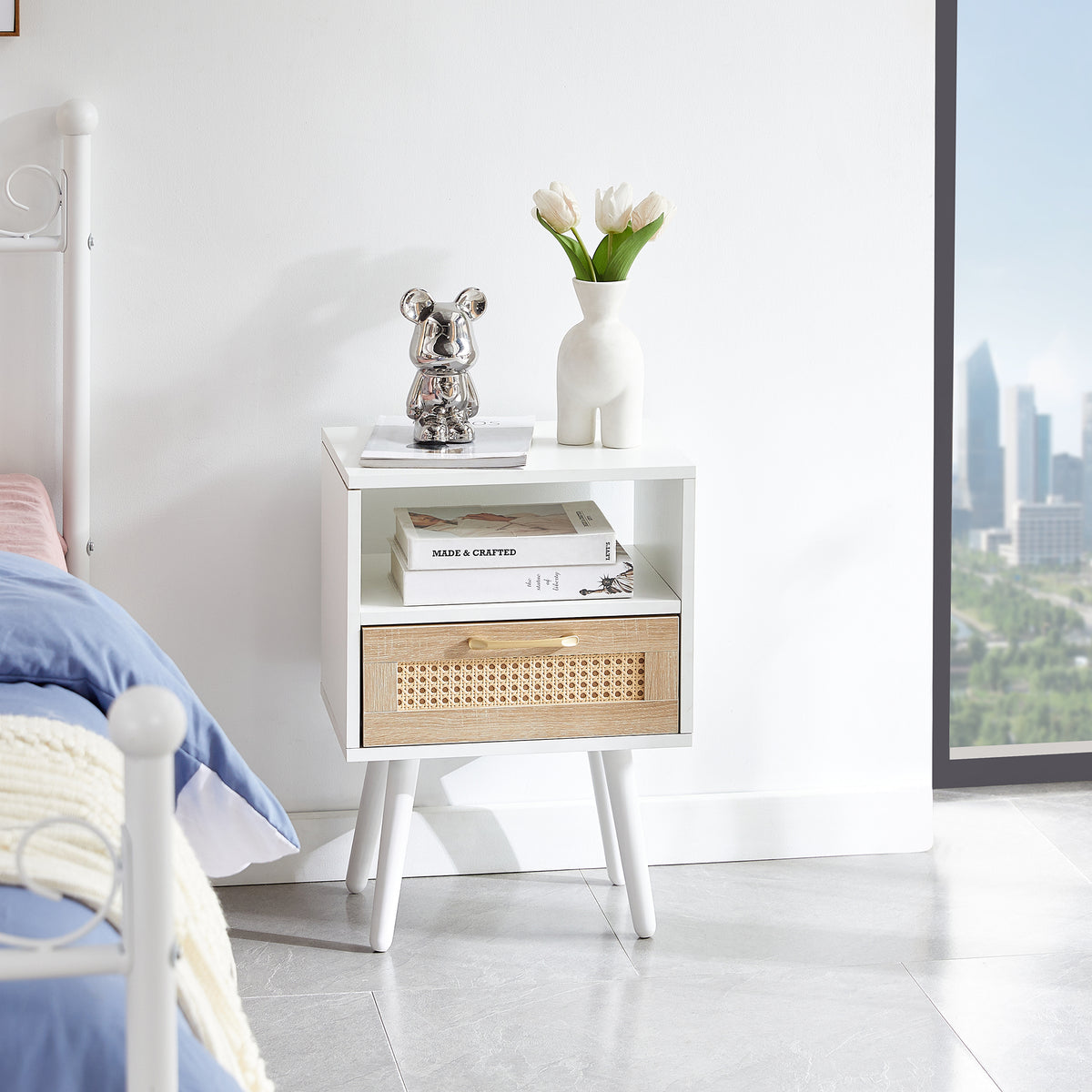 15.75' Rattan End table with  drawer and solid wood legs, Modern nightstand, side table for living room, bedroom, white