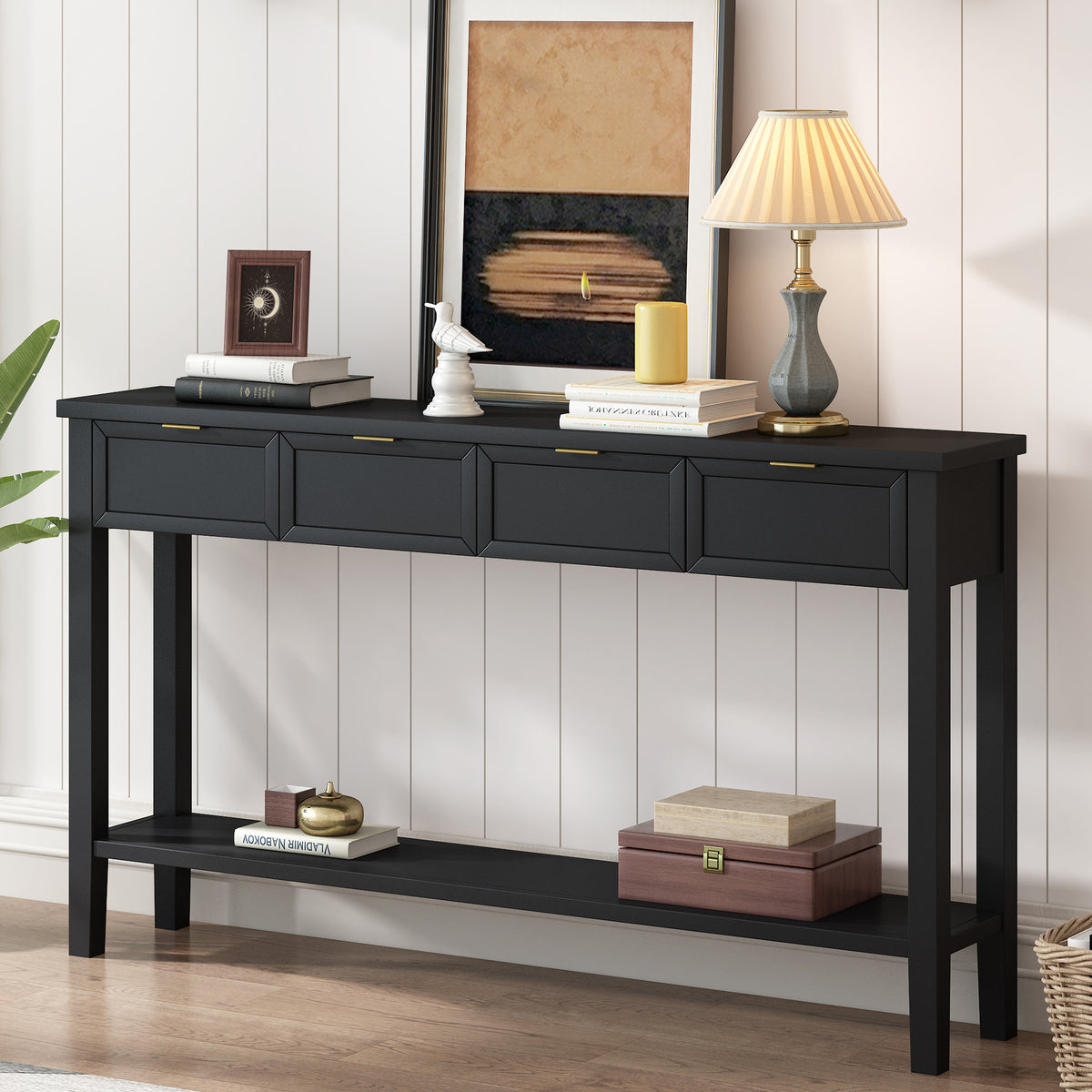 U_STYLE Contemporary High-Quality Entryway Console Table with 4  Spacious Drawersm,1 Practical Bottom ShelfLong Legs, for Hallway, Foyer