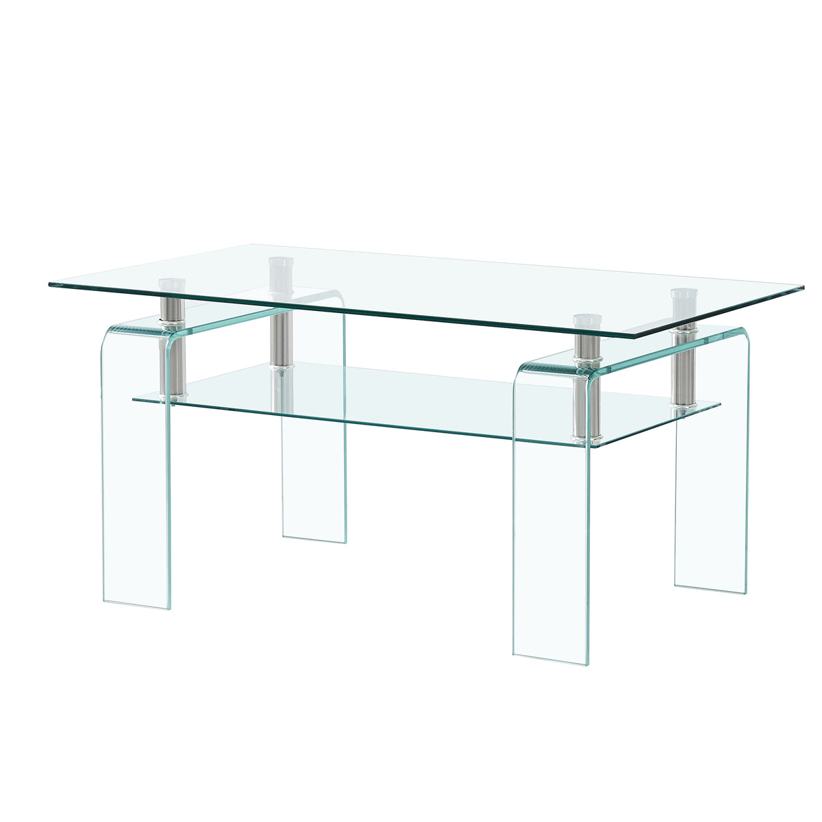 Tempered Clear Glass Coffee Table, Modern Glass Coffee Table for Living Room, 2-Tier Storage Center Coffee Table