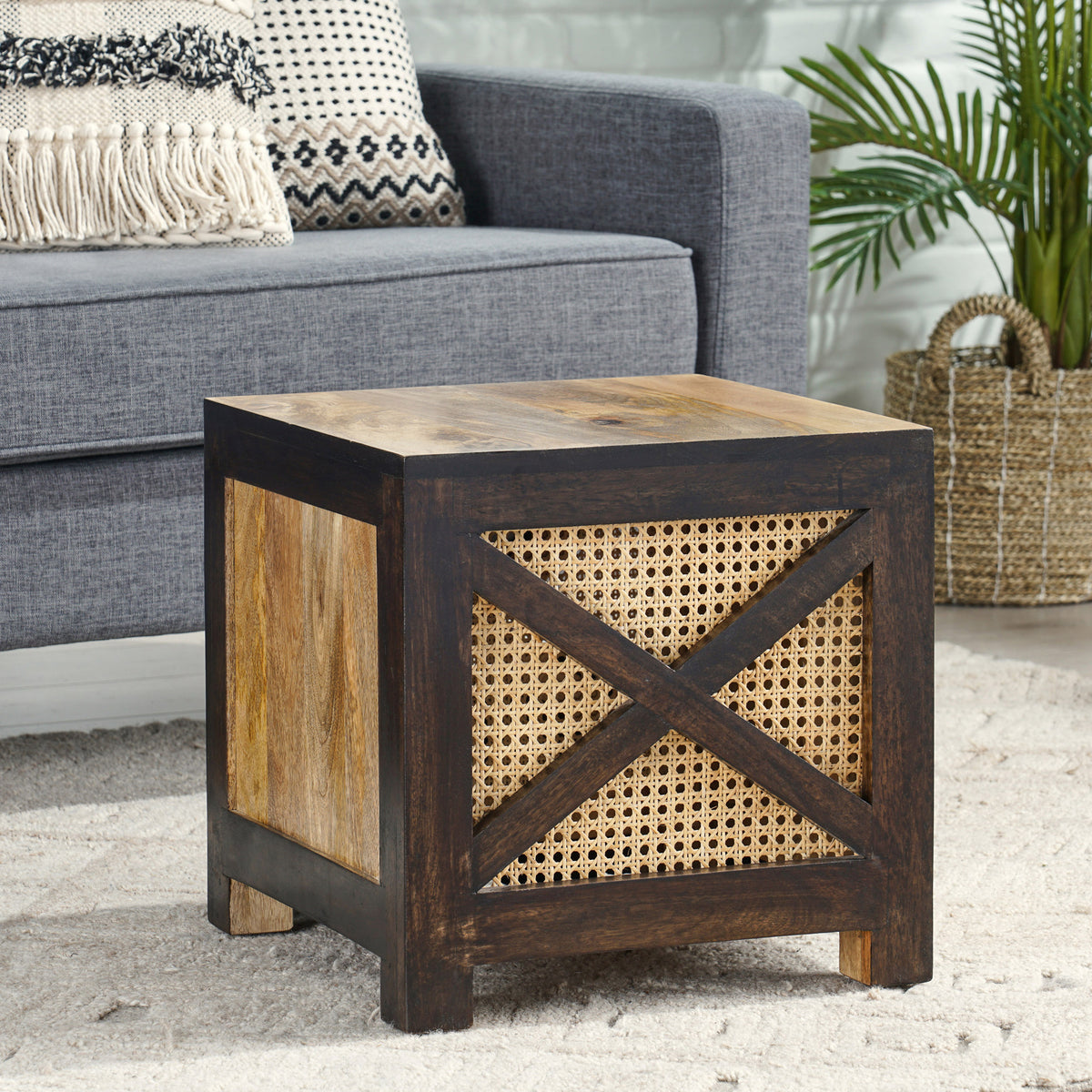 Westby Mango Wood and Cane Square Cube Ottoman