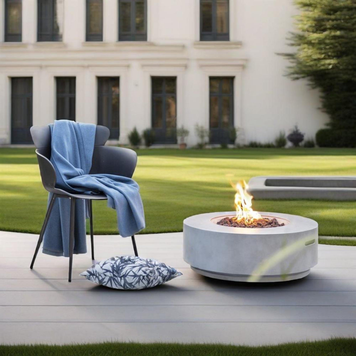 30' Propane Gas Fire Pit Table, 50000 BTU Round Concrete Fire Pit for Outside Patio Deck Garden Backyard- Light Gray