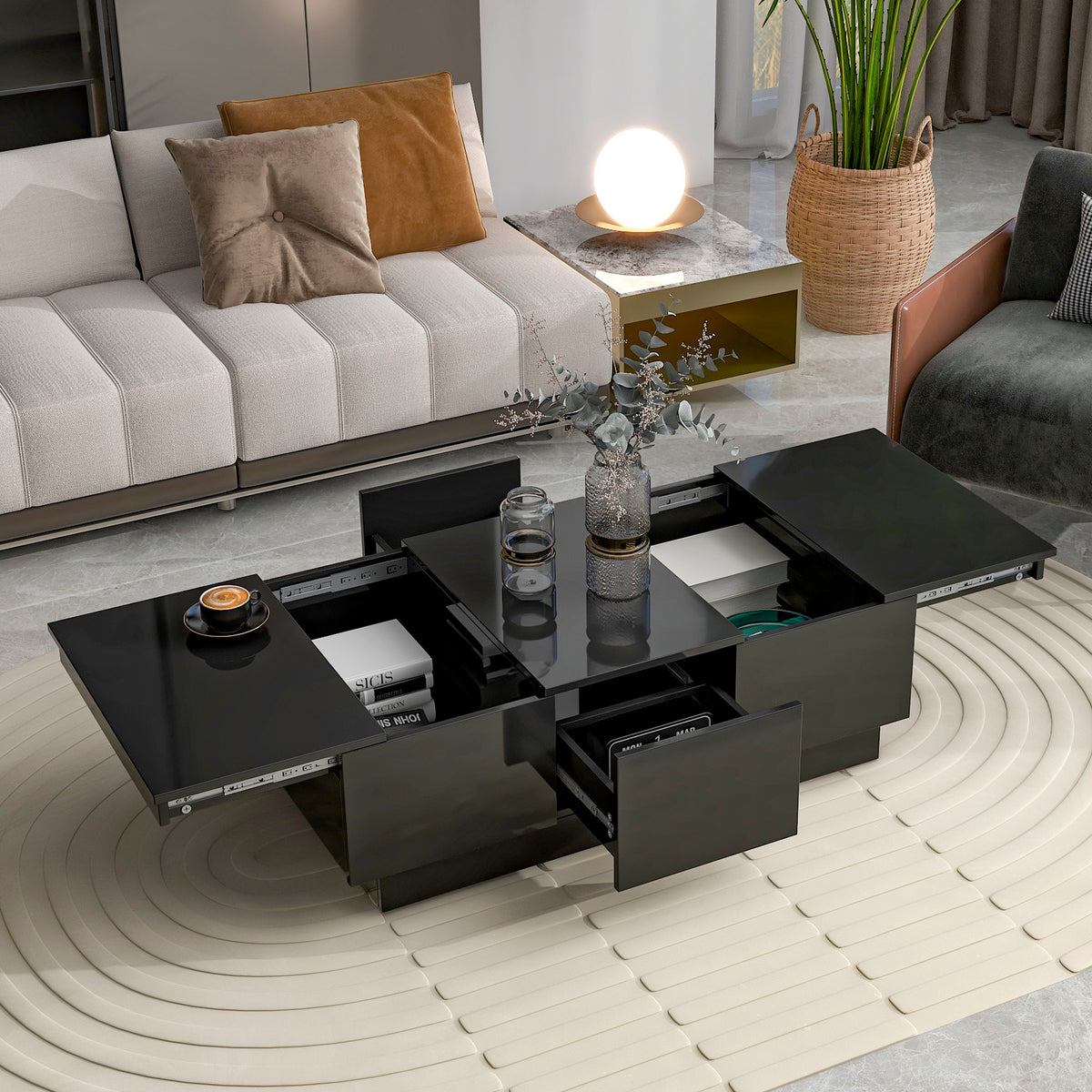 [VIDEO provided] ON-TREND Coffee Table with 2 large Hidden Storage Compartment, Extendable Cocktail Table with 2 Drawers, High-gloss Center Table with Sliding Top for Living Room, 39.3'x21.6', Black