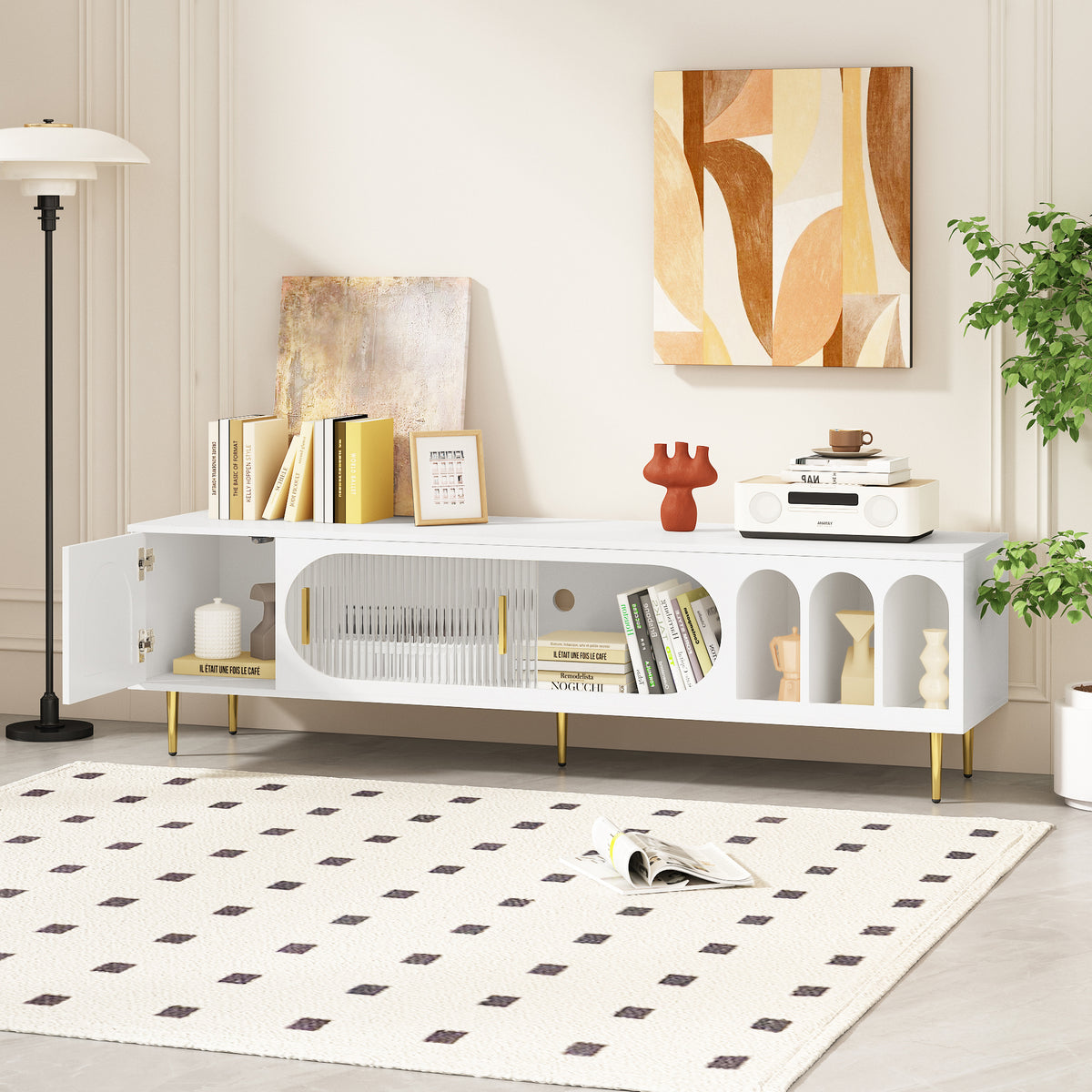 U-Can Modern TV Stand for up to 70 Inch TV, Entertainment Center TV Media Console Table, with 3 Shelves and 2 Cabinets, TV Console Cabinet Furniture for Living Room (Old SKU: WF314645AAK)