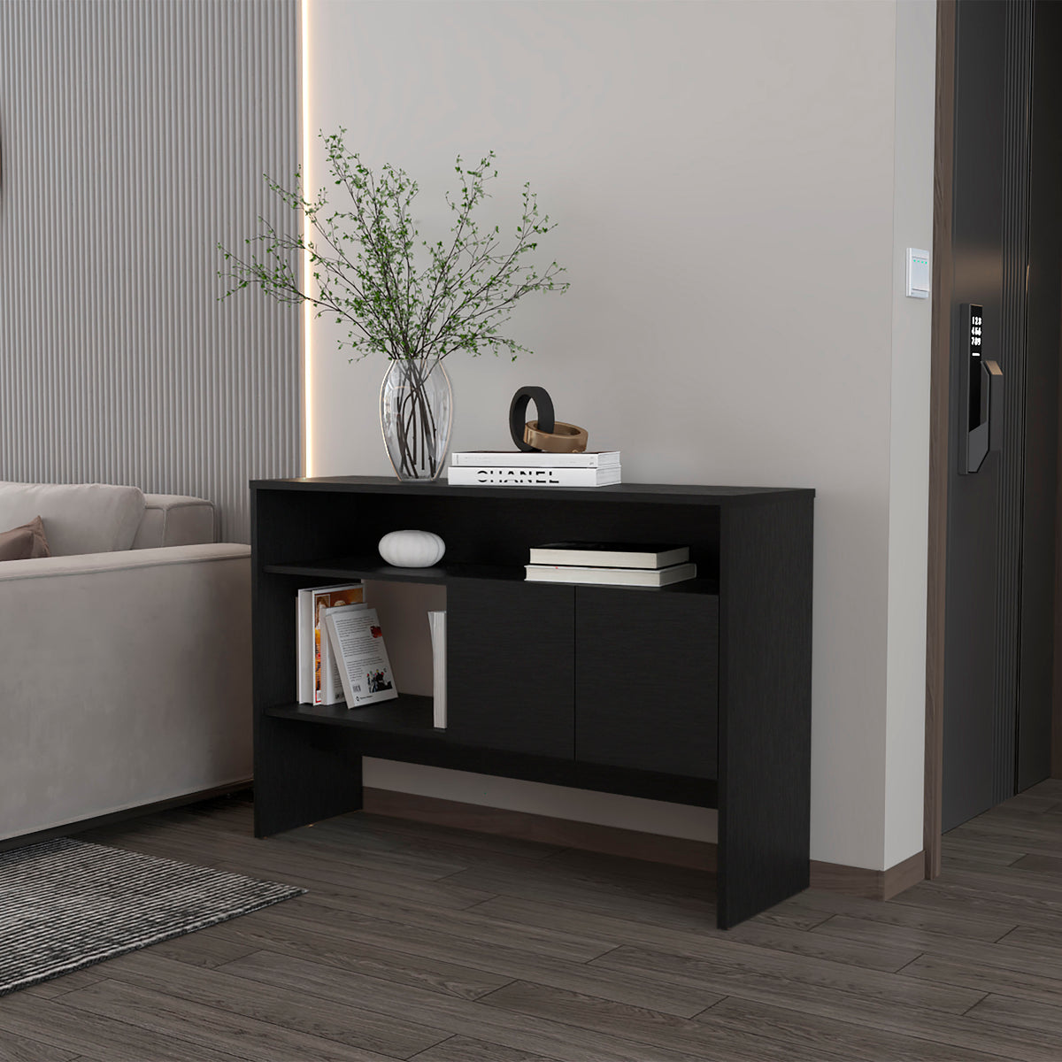 Bylas Console Table in Melamine With Two Doors y Open Storage, Black