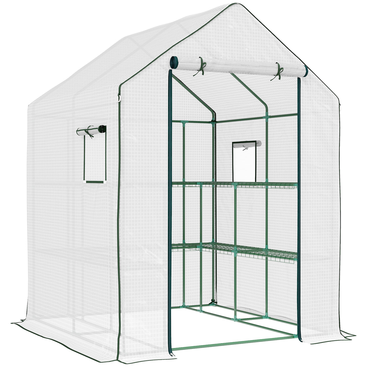 Outsunny 4.6' x 4.7' Portable Greenhouse, Water/UV Resistant Walk-In Small Outdoor Greenhouse with 2 Tier U-Shaped Flower Rack Shelves, Roll Up Door & Windows, White