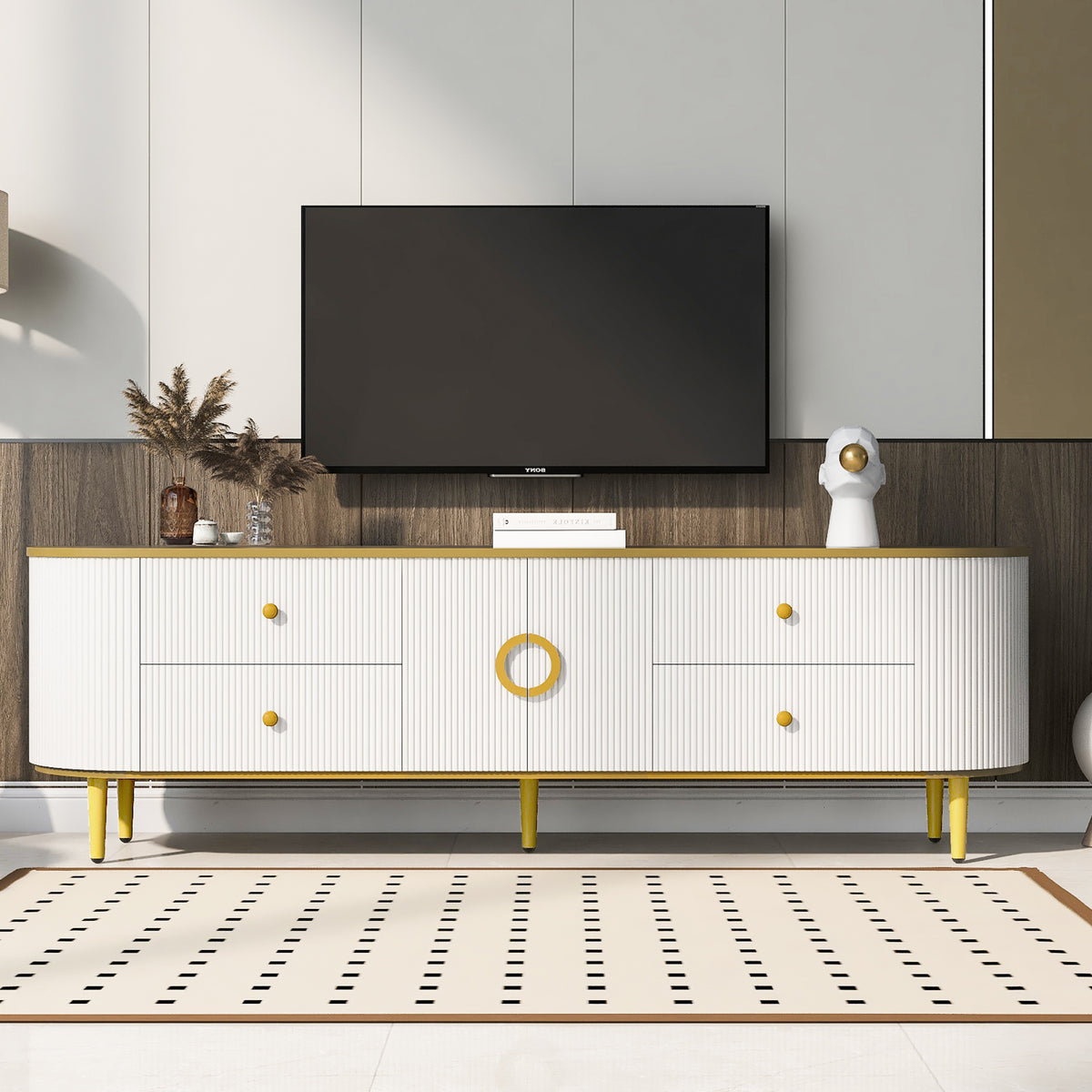 U-Can Modern TV Stand for TVs up to 80 Inches, Entertainment Center with 4 Drawers and 1 Cabinet, Wood TV Console Table with Metal Legs and Handles for Living room