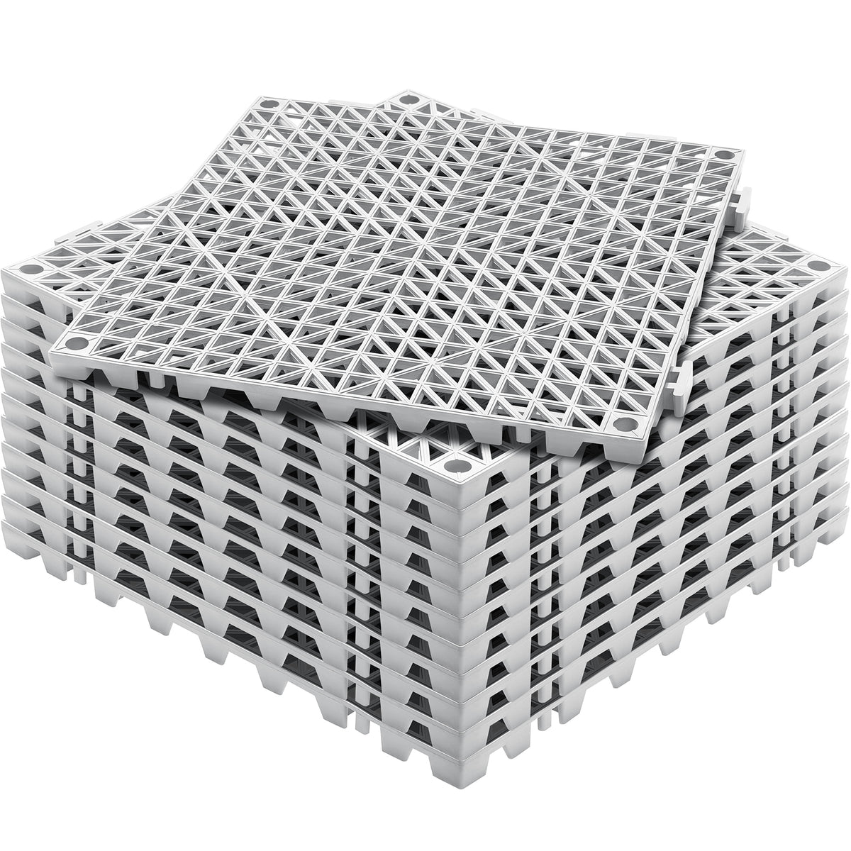Modular Interlocking Cushion, 12 Pack 12' x 12' Splicing Drainage Mats, PVC Interlocking Drainage Floor Tiles, Non-Slip Drainage Holes for Restroom, Bathroom, Kitchen, Pool, Wet Areas, Gray