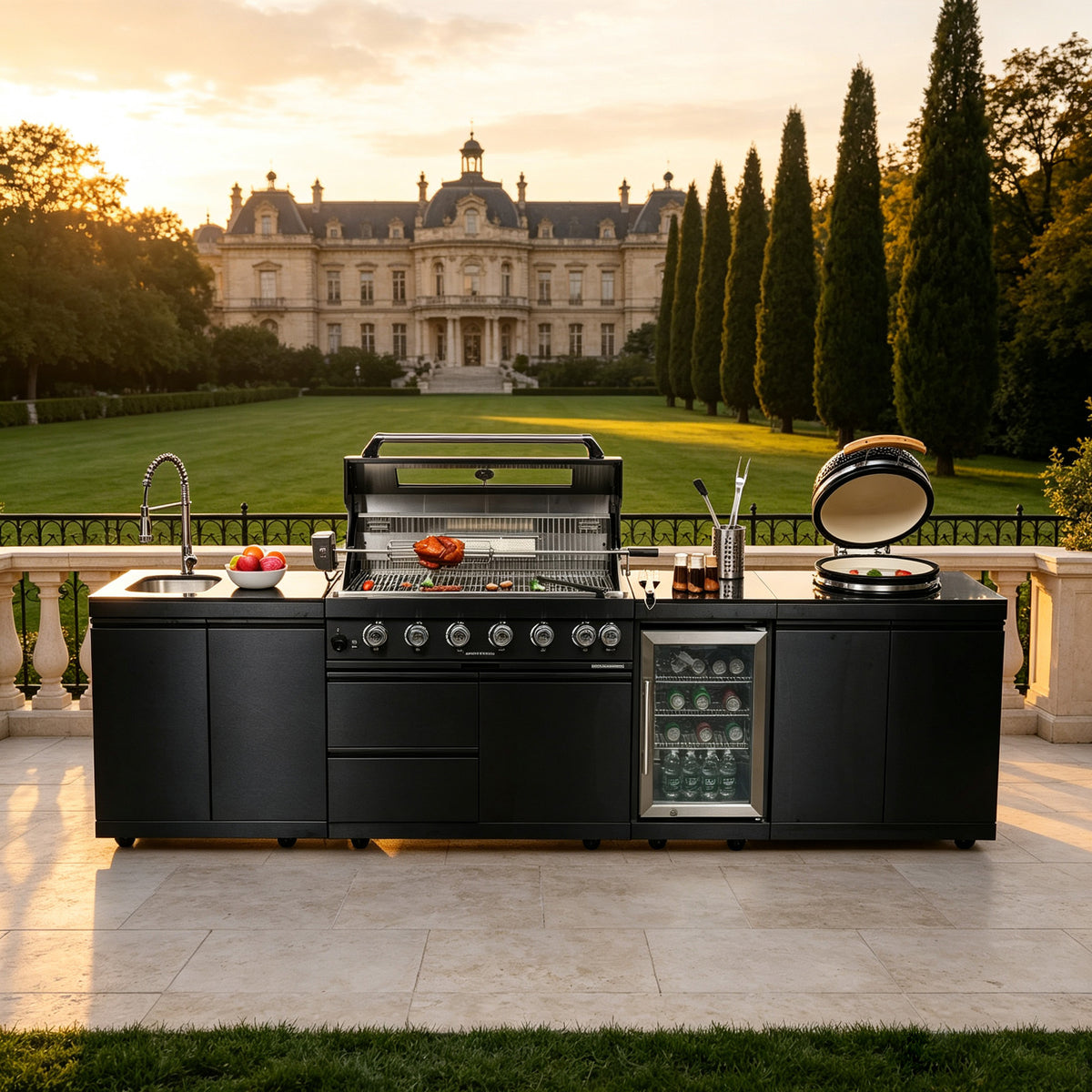 Black 128-Inch 85000-BTU Stainless Steel Gas Outdoor Kitchen Bar Barbecue Island Grill with Kamado grill ,Wine Cooler Compact Refrigerator Rotisserie Granite Countertops Storage Cabinets & Drawers