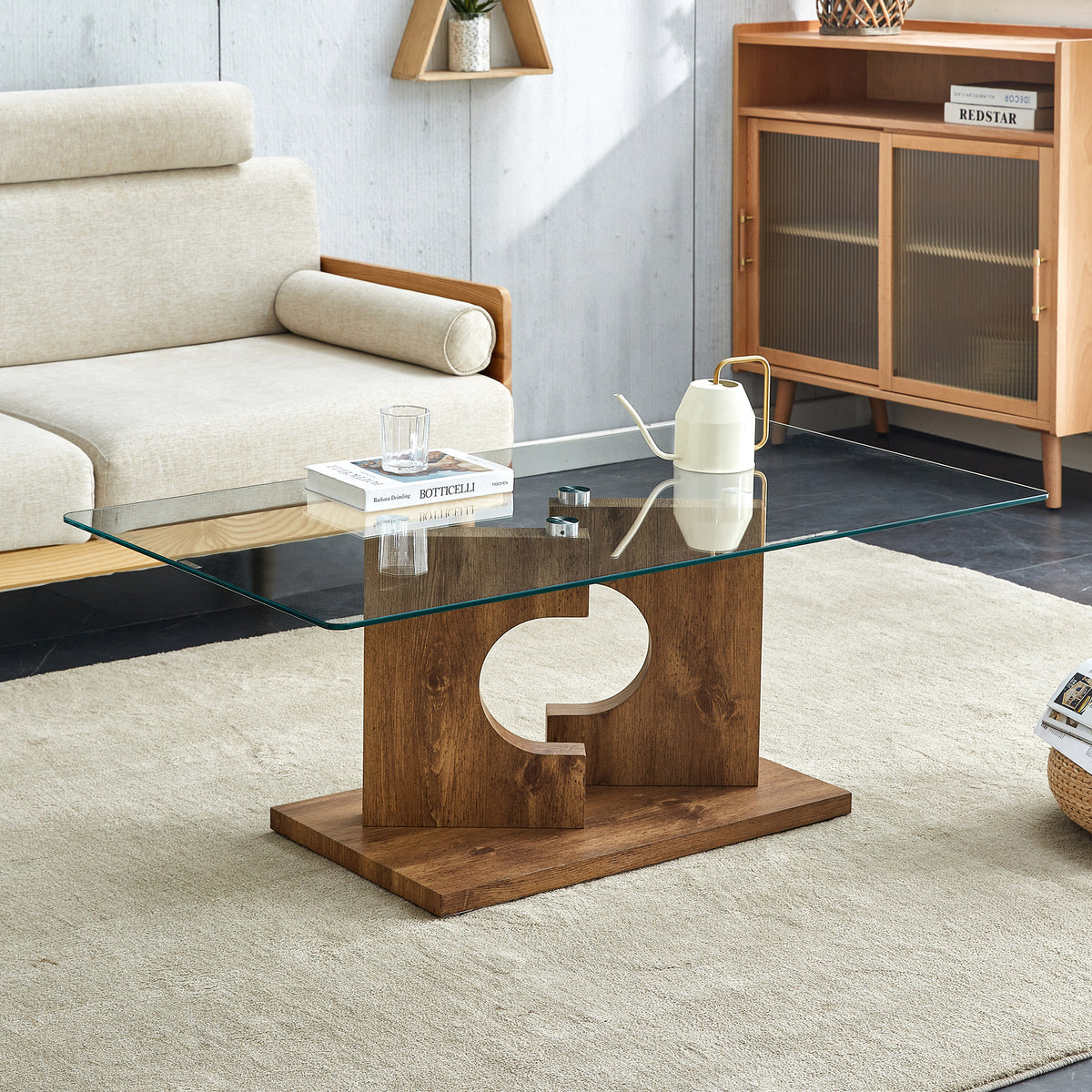 A rectangular modern and fashionable coffee table with tempered glass tabletop and wooden color MDF legs. Suitable for living room.47.2'*25.5'*18'