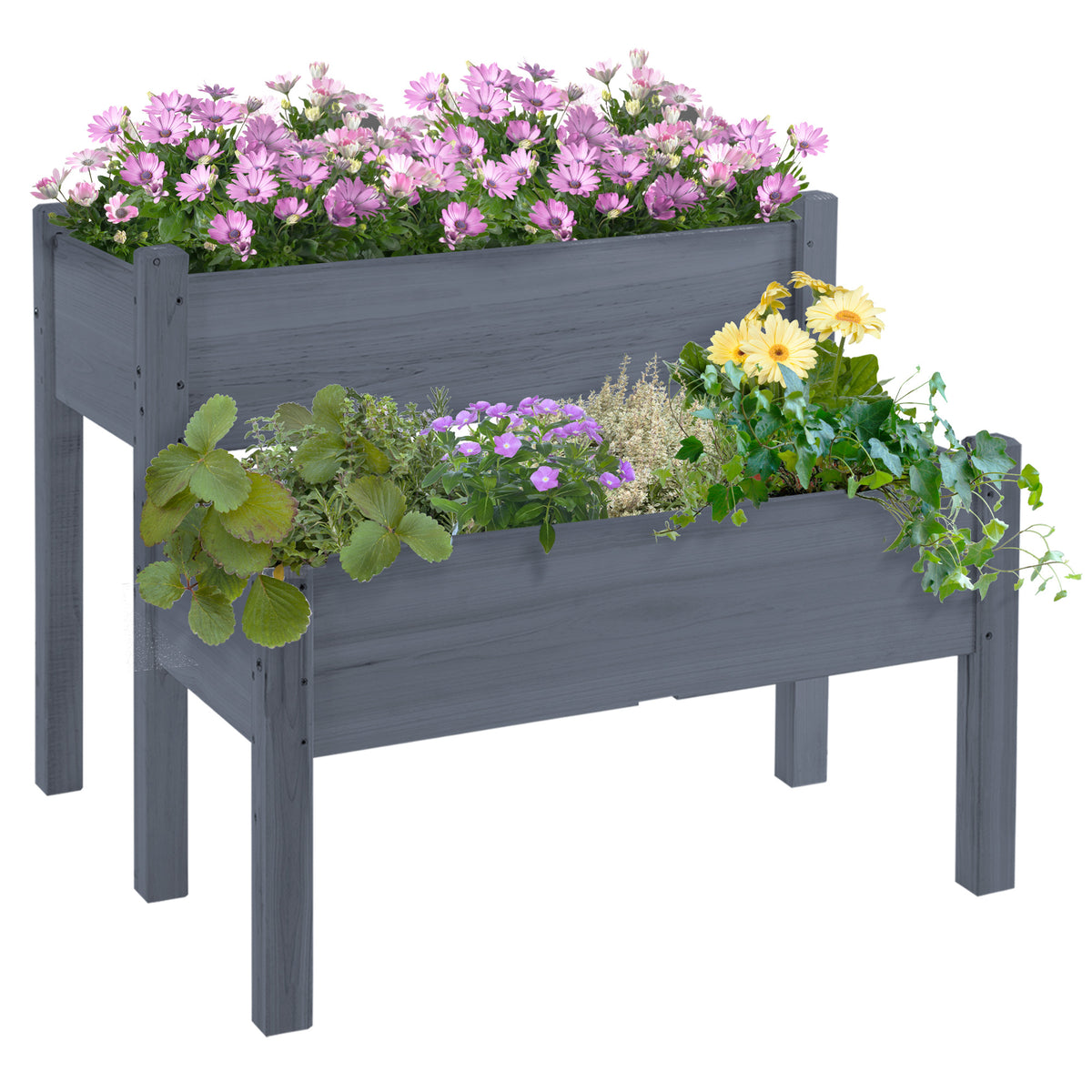 Outsunny 34'x34'x28' Raised Garden Bed, 2-Tier Elevated Wood Planter Box for Backyard, Patio to Grow Vegetables, Herbs, and Flowers, Gray