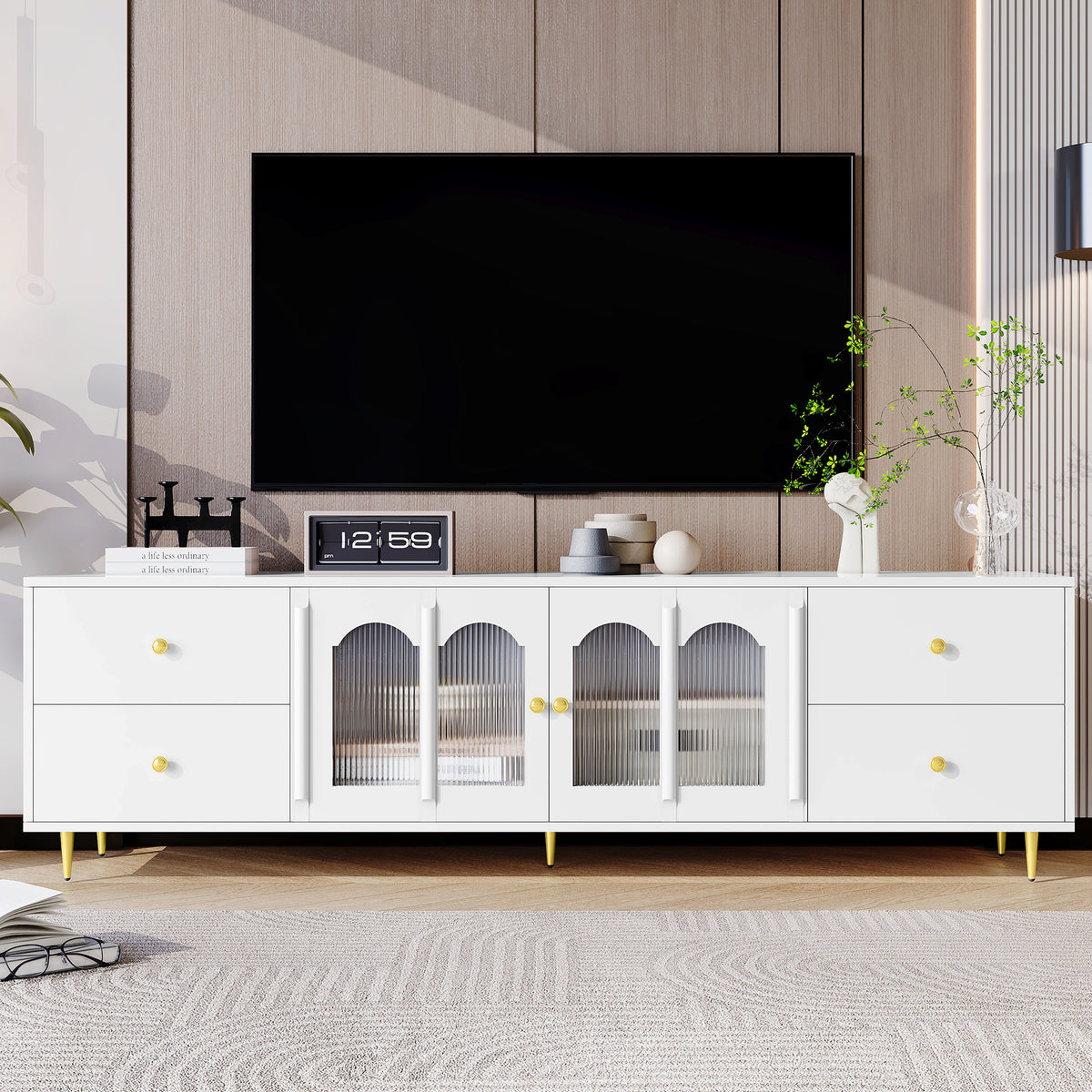 U-Can 70.9'' Modern TV Stand for TVs up to 75 Inches, Entertainment Center with Glass Door, 4 Drawers and 2 Cabinets, Five Metal Legs and Metal Handles for Living room (Date of Expect Arrival: 12/15)