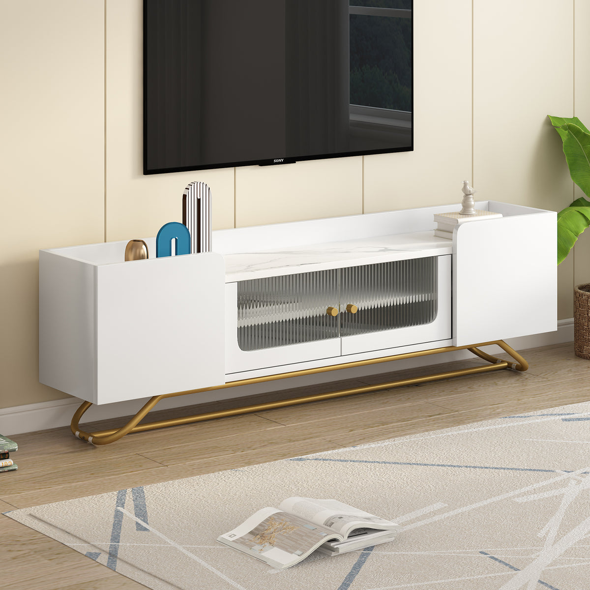 ON-TREND Sleek Design TV Stand with Fluted Glass, Contemporary Entertainment Center for TVs Up to 70', Faux Marble Top TV Console Table with Gold Frame Base, White