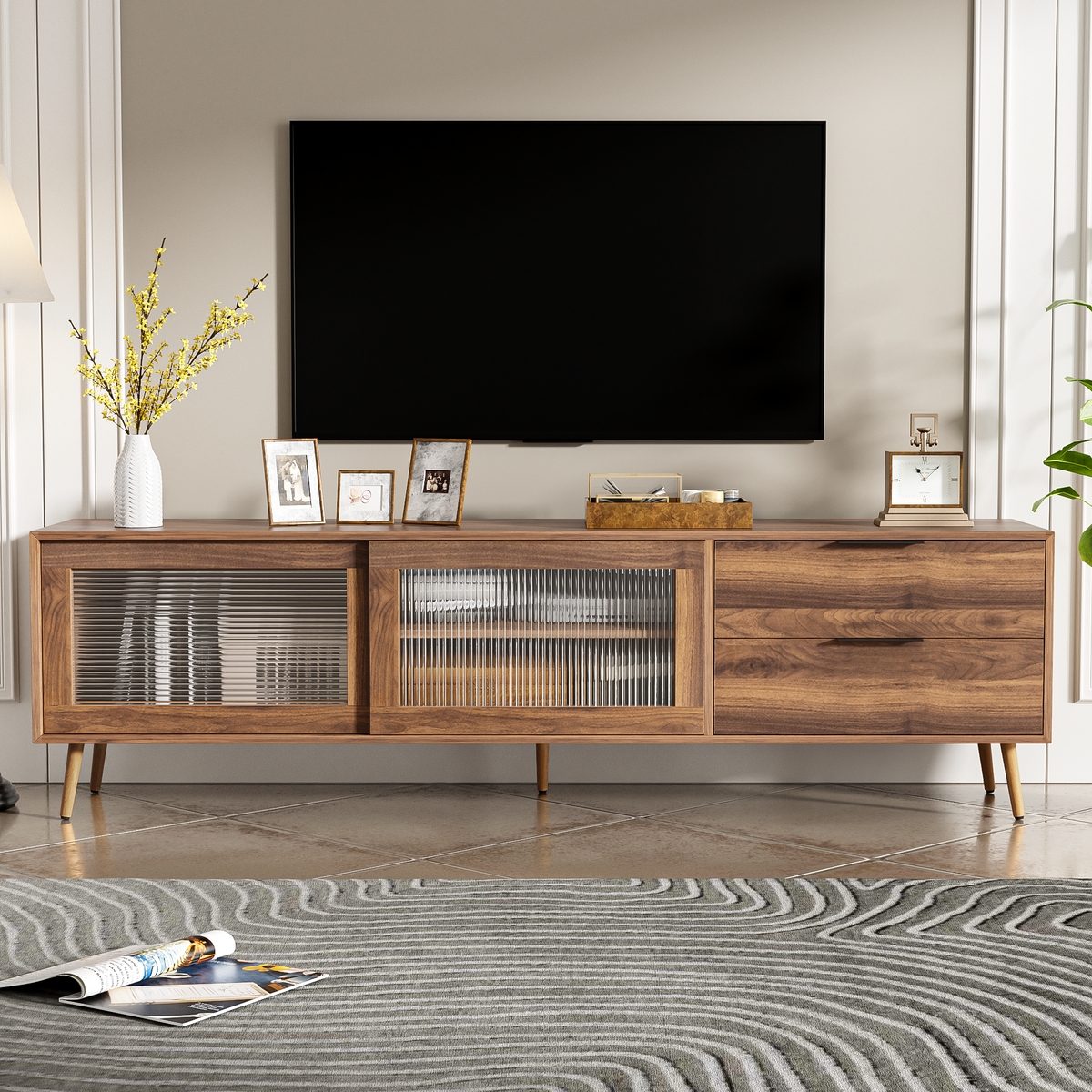 Modern TV Stand for 75'+ TV, TV Console with 2 Glass Doors, Entertainment Center with 2 Drawers & Storage Cabinet, 70' Media Console Table for Living Room, Bedroom