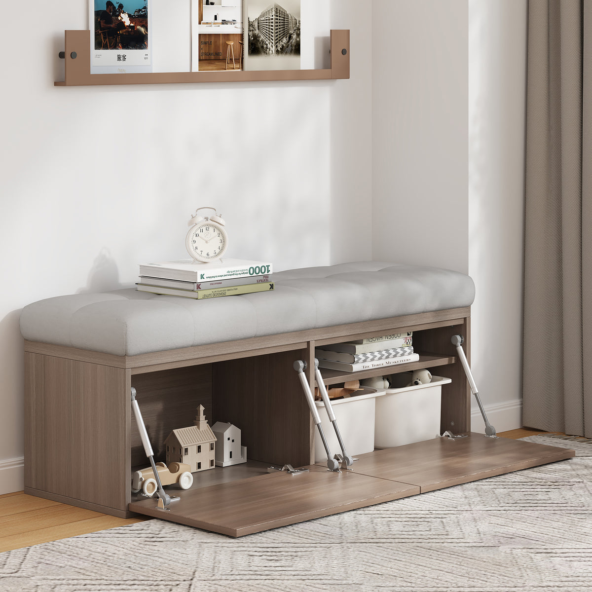 49' Storage Bench Storage Cabinet Storage Ottoman with Adjustable Shelves, Padded Seat Cushion and Double Doors for Entryway, Hallway and Bedroom, Light Grey