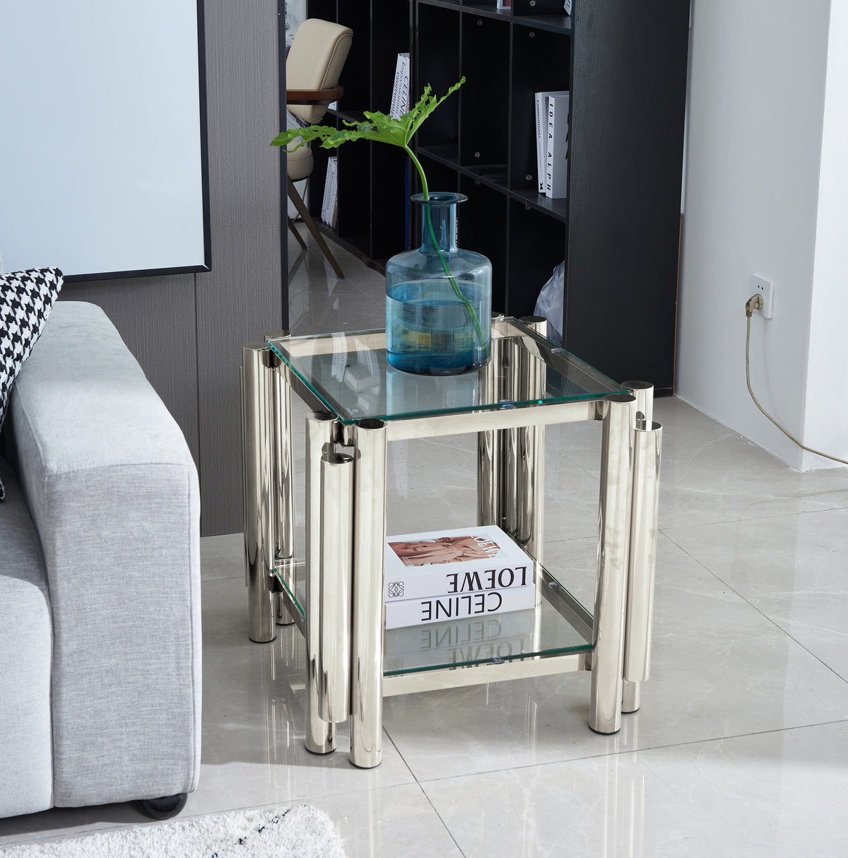20 Inch Square End Table, Modern Stainless Steel End Table, Double-Layer Clear Tempered Glass Coffee Table, Side Table with Storage, for Living Room Home Office, Silver