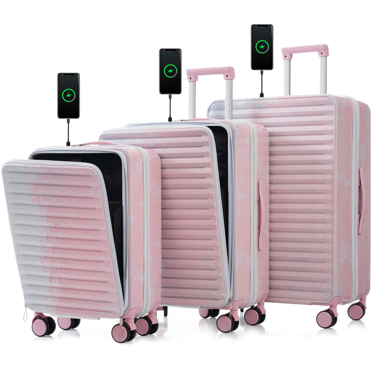 Luggage 3 Piece Sets20/24/28', 20 '24' with front pocket,Hard Shell Luggage Carry on Luggage Set with TSA Lock
 , usb interface, universal wheel,cup holder,gradient pink