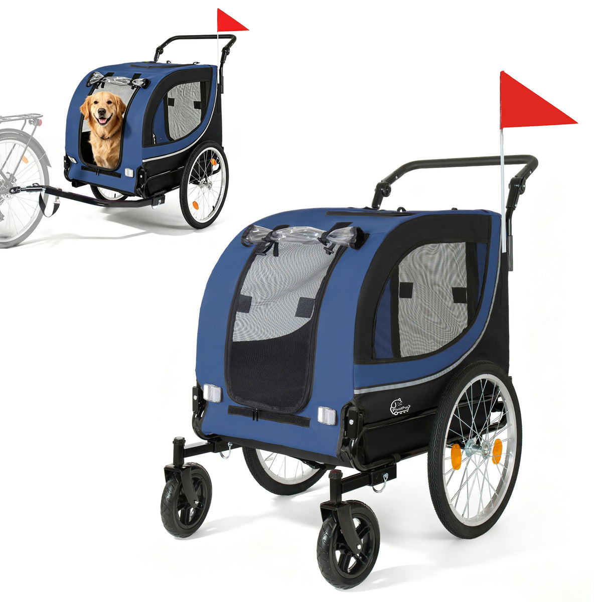 2-in-1 Bike Trailer & Pet Stroller for Dogs up to 100lbs– Foldable Pet Carrier Cart with two 8'' Front Caster & 20'' Quick Release Air-Filled Wheels, Breathable Mesh and PVC Rain Cover, Dark Blue
