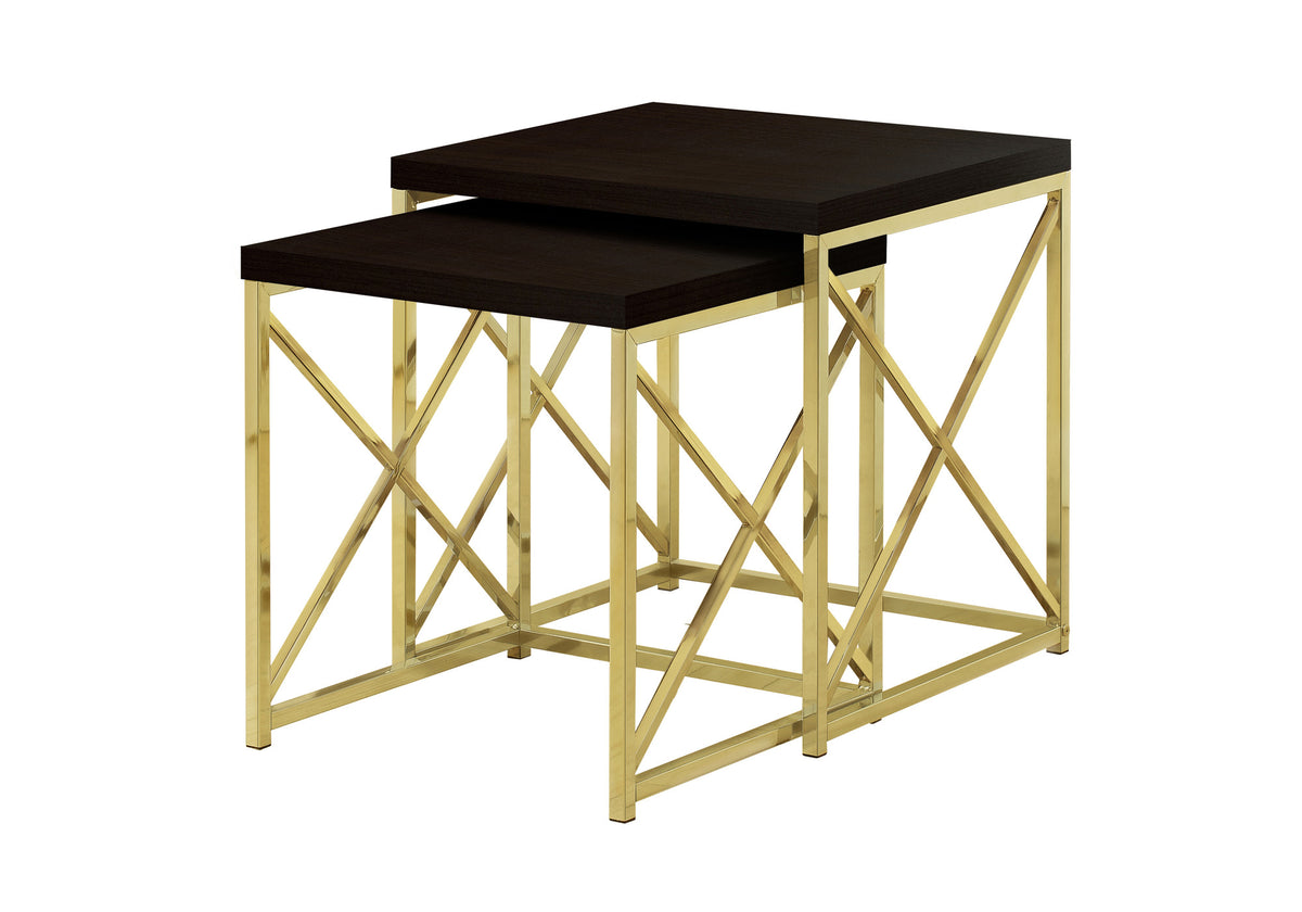 Nesting Table, Set Of 2, Side, End, Metal, Accent, Living Room, Bedroom, Brown Laminate, Gold Metal, Contemporary, Modern