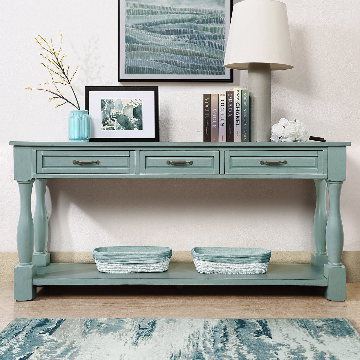 63inch Long Wood Console Table with 3 Drawers and 1 Bottom Shelf for Entryway Hallway Easy Assembly Extra-thick Sofa Table ( Retro Blue)