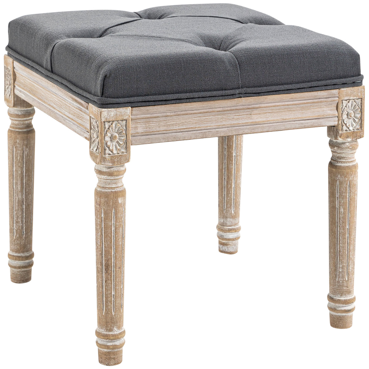 HOMCOM 16' Vintage Ottoman, Tufted Foot Stool with Upholstered Seat, Rustic Wood Legs for Bedroom, Living Room, Gray