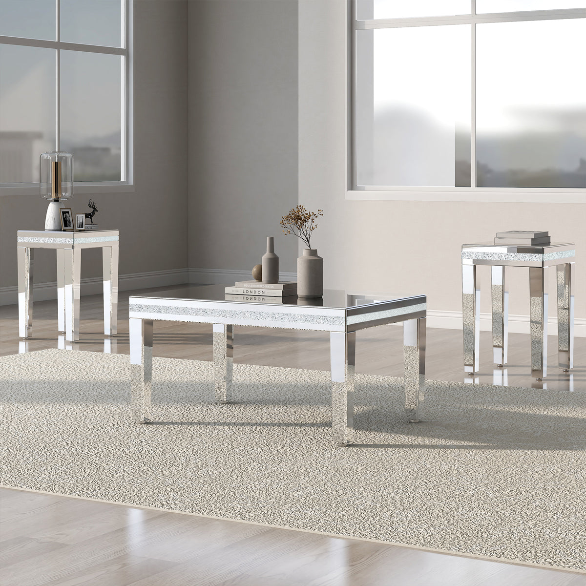 ON-TREND Fashionable Modern Glass Mirrored Coffee Table Set of 3, Easy Assembly Crystal Design Cocktail Table with 2 End Tables for Apartment Home Office, Silver