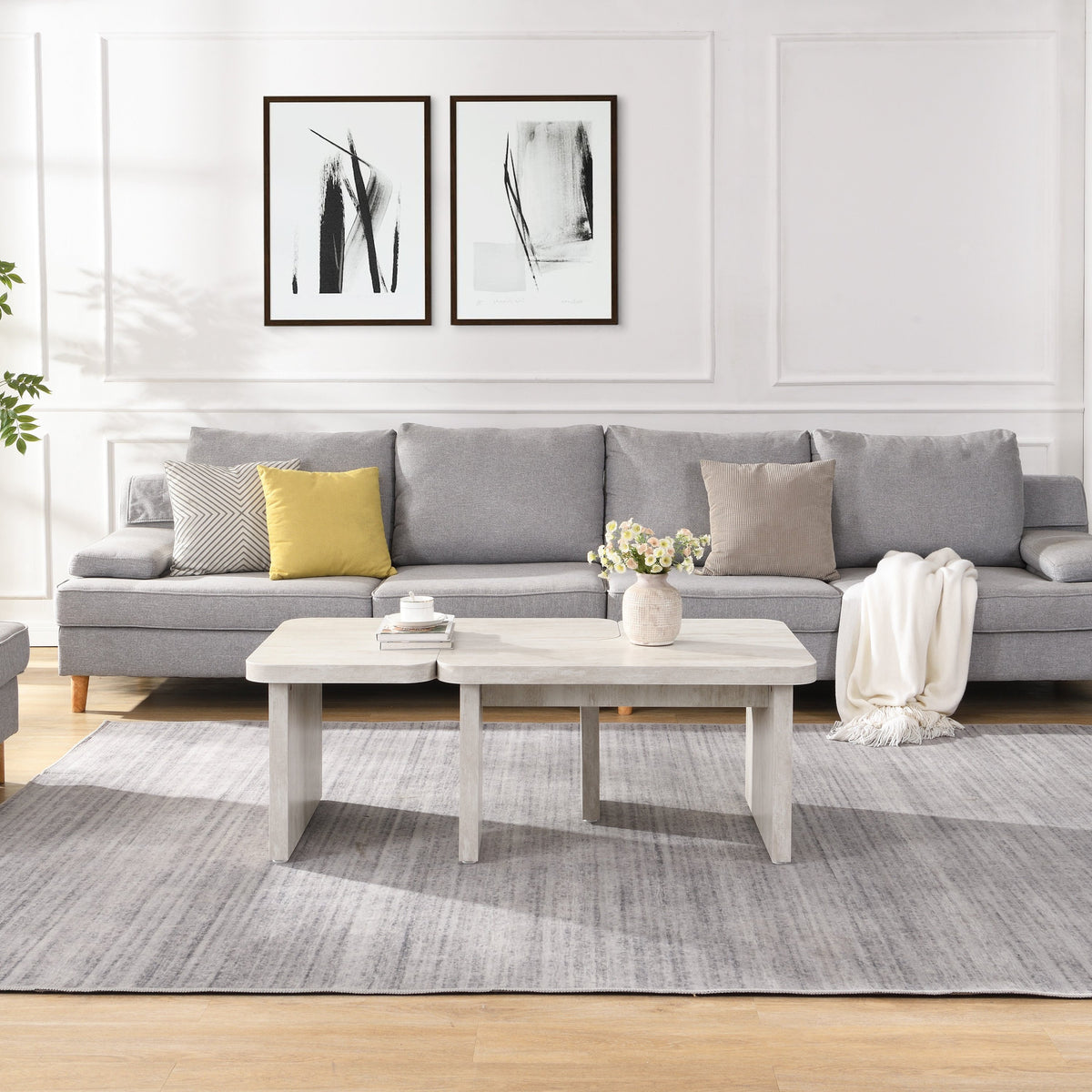 47.24*23.62 inch and 35.43*31.49 inch Rectangle Wood Detachable Coffee Table, Single L Shape Farmhouse Coffee Table for Dining Room, Garden, white
