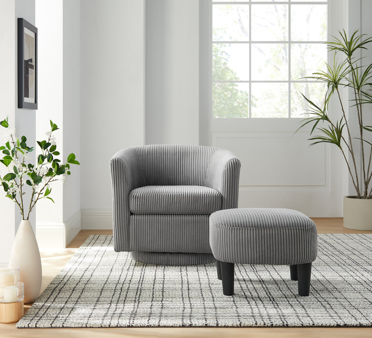 Swivel Accent Chair 360° Comfy Recliner Corduroy Arm Chair Single Sofa with Ottoman for Living Room Bedroom,Grey