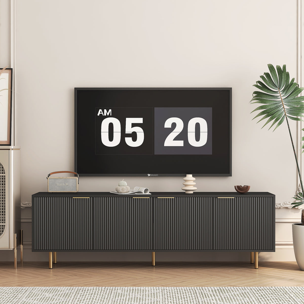 Black  Modern TV Stand Fluted 68' with Power Outlet, Entertainment Center with Storage Doors, TV Console Media Cabinet,  for 55+ Inch TV, Living Room