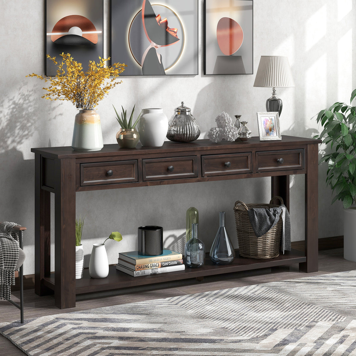 TREXM Console Table/Sofa Table with Storage Drawers and Bottom Shelf for Entryway Hallway(Espresso)