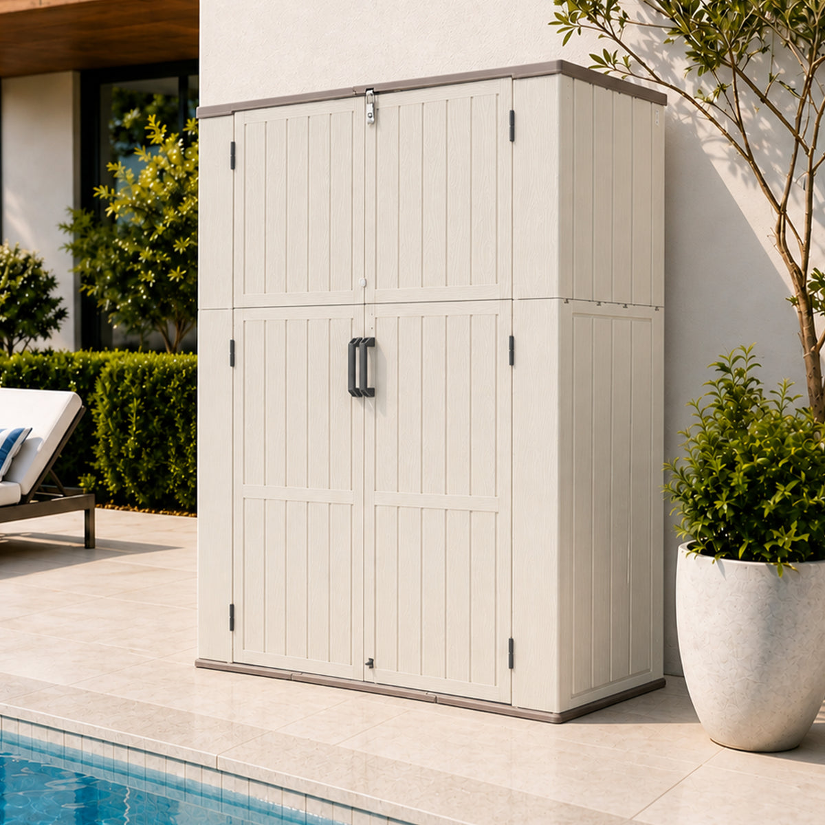 56.3' x 26.38' x 69.6' Double Layer Outdoor Storage Box with Divider, Weatherproof Resin Deck Box, Waterproof & UV Resistant – For Patio, Garden, Pool, BBQ
