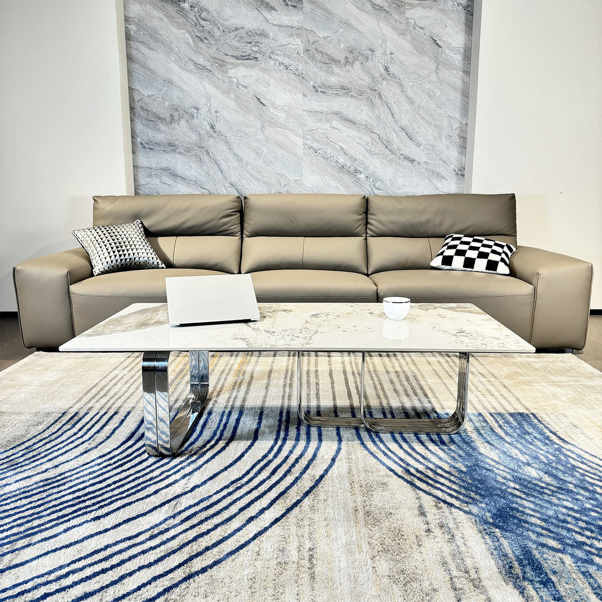 Rectangular coffee table with sintered stone top, silver metal frame, for Living Room