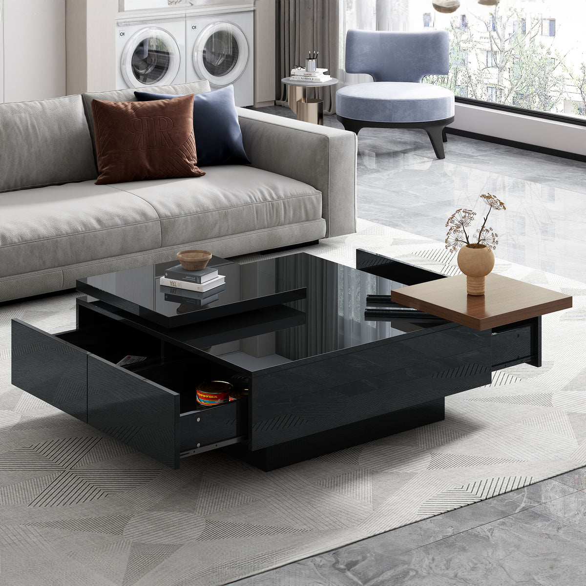 U-Can Movable Top Coffee Table, Modern Square Wood Coffee Table with High Gloss finish, 4 Hidden Storage Drawers for Living Room (Date of Expected Arrival: 11.25)