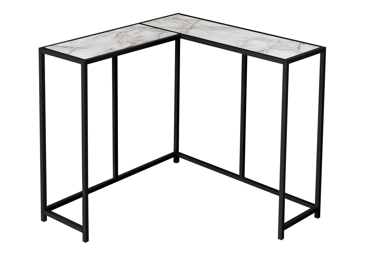 Accent Table, Console, Entryway, Narrow, Corner, Living Room, Bedroom, White Marble Look Laminate, Black Metal, Contemporary, Modern