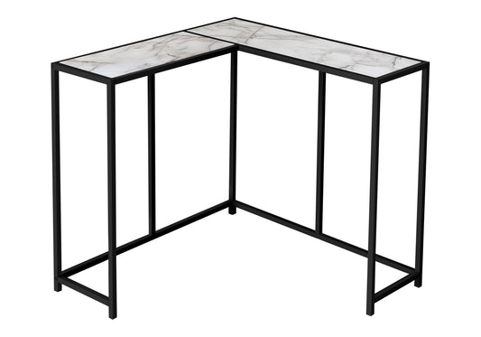 Accent Table, Console, Entryway, Narrow, Corner, Living Room, Bedroom, White Marble Look Laminate, Black Metal, Contemporary, Modern