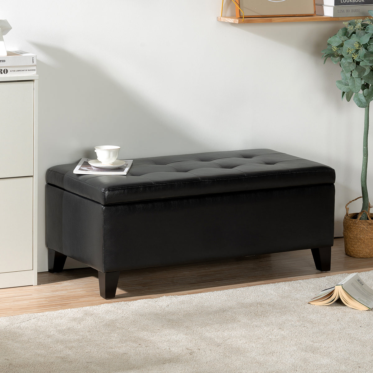 Storage Ottoman with Wooden Legs, Faux Leather Ottoman with Storage for Living Room, Bedroom & Hallway, Ottoman Foot Rest, 38.4' Black Ottoman
