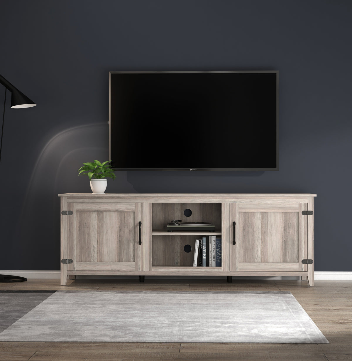 TV Stand Storage Media Console Entertainment Center With Two Doors, Grey Walnut; with fireplace