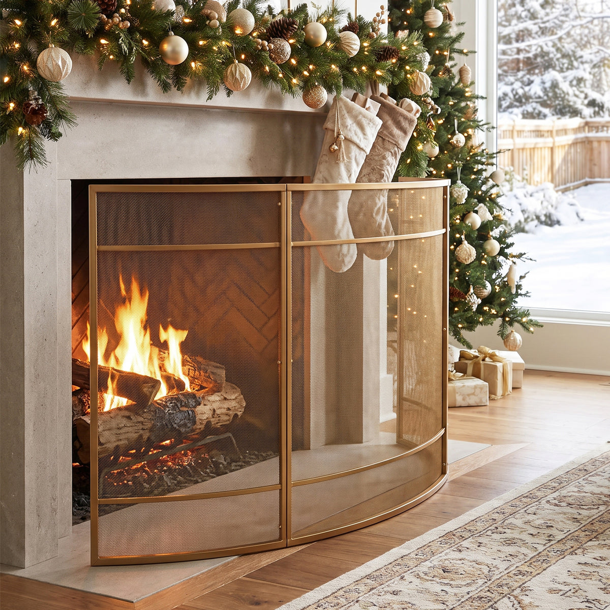 Gold Curved Freestanding Fireplace Screen, 51' W × 35' H Iron Mesh Fire Spark Barrier for Home Indoor FireplaceG