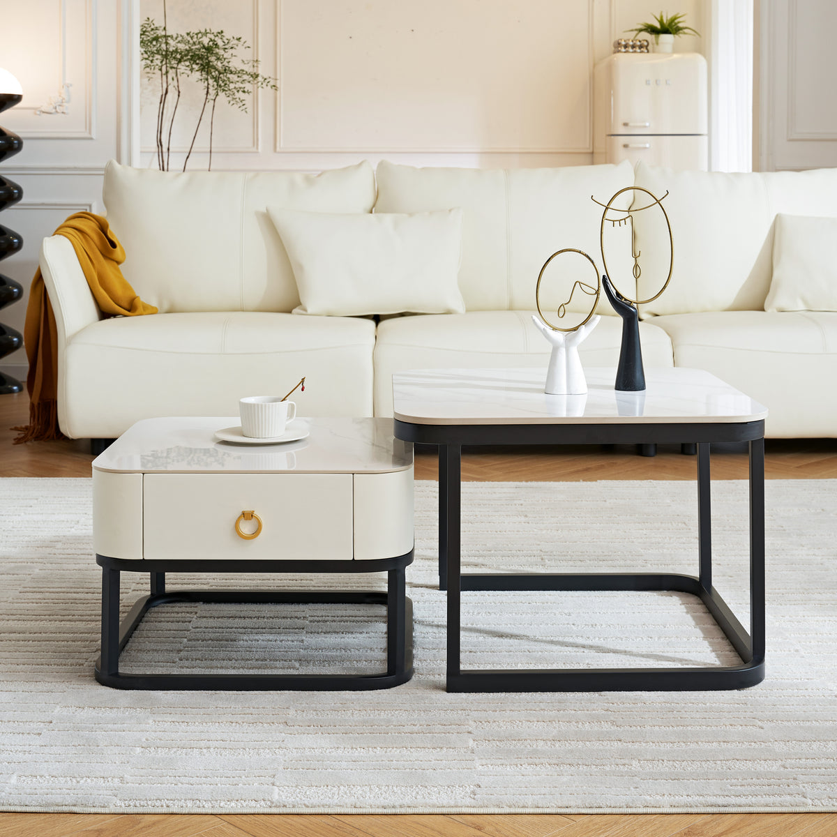 Modern Marble Nesting Table, Coffee Table Set of 2 End Table for Living Room,Stacking Side Tables, for Living Room Bedroom, Accent Tea Table with Metal Frame, Sturdy and Easy Assembly, Black