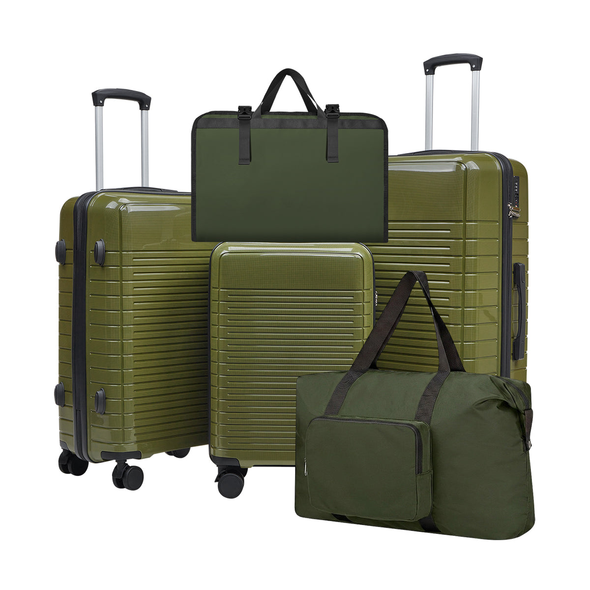 5 Piece PP Hard Shell Luggage Set with Foldable Travel Bag & Cosmetic Toiletry Bag, 360° Spinner Wheels Rolling Suitcases