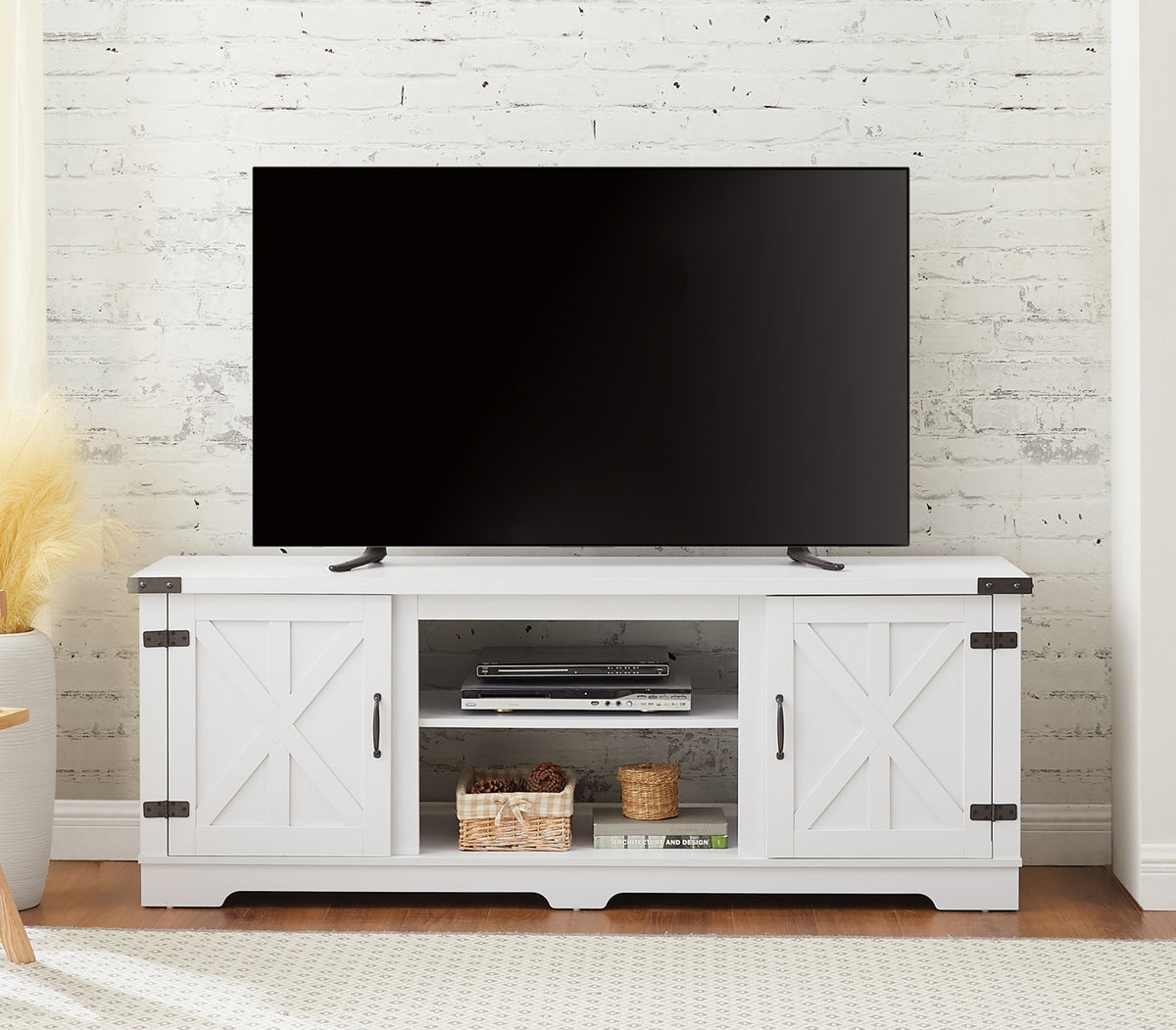 Modern Farmhouse TV Media Stand, Large Barn Inspired Home Entertainment Console, for TV Up to 70'', with Open Shelves and Closed Cabinets, White, 64.8'W*15.67'D*24.29'H