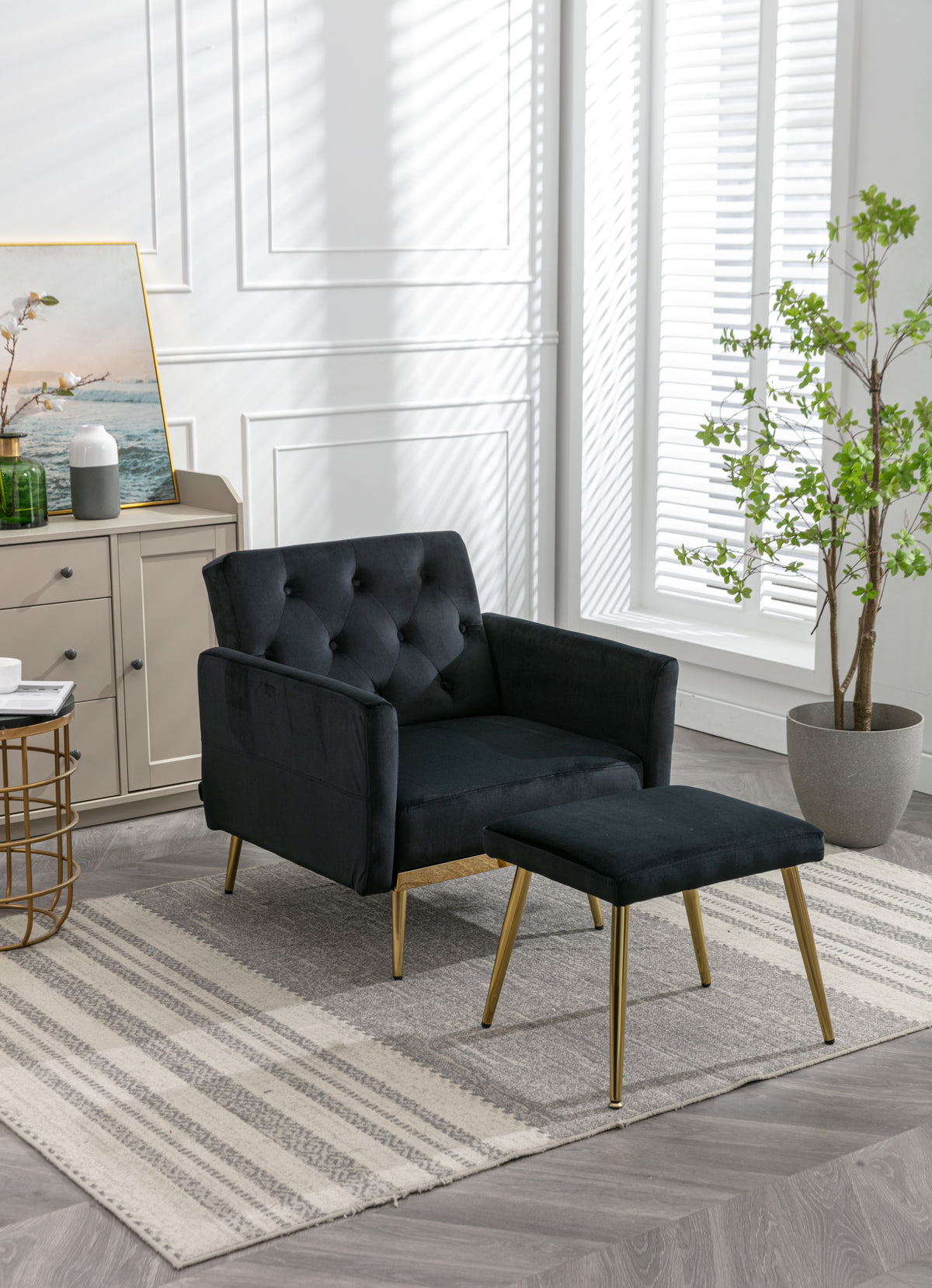 COOLMORE Velvet Accent Chair with Adjustable Armrests and Backrest, Button Tufted Lounge Chair, Single Recliner Armchair with Ottoman
