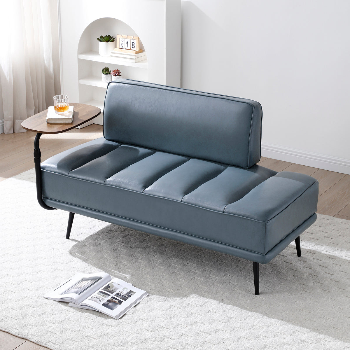 55'Inch Width Modern End of Bed Bench,Grey Faux Leather Upholstered With side table, 360-degree Swivel tray couch,Entryway Ottoman,Window Bench with  Metal Legs for Bedroom, Living Room
