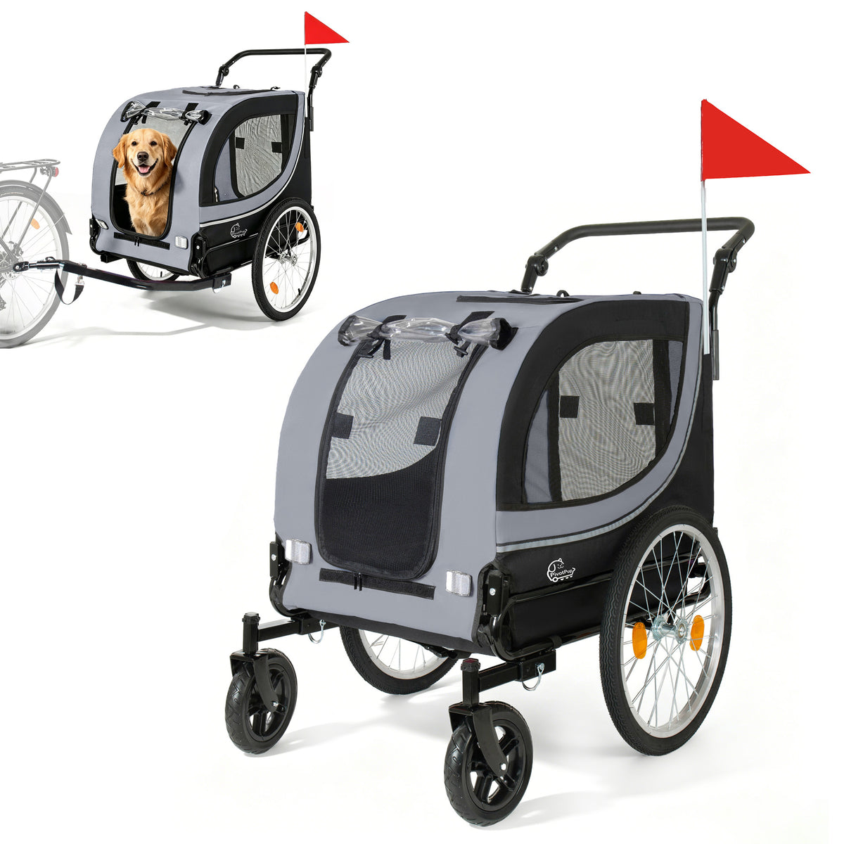 2-in-1 Bike Trailer & Pet Stroller for Dogs up to 100lbs– Foldable Pet Carrier Cart with two 8'' Front Caster & 20'' Quick Release Air-Filled Wheels, Breathable Mesh and PVC Rain Cover, Gray