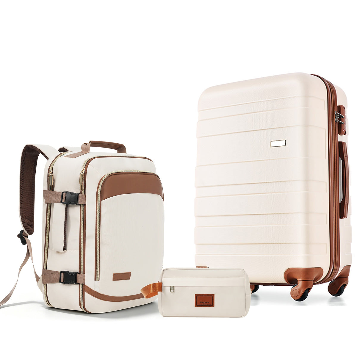 3-Piece Luggage Set  - 28in Checked Suitcase with TSA Lock Travel Duffel Bag Wet-Dry Toiletry Bag,ivory and brown