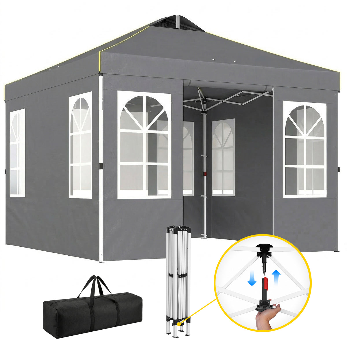 Outsunny 9.6 x 9.6 ft Pop Up Canopy Tent with Sidewalls, One Button Push Setup, UPF50+ Outdoor Portable Instant Canopy Shelter with Carry Bag, Sandbags, Adjustable Height for Parties Events, Dark Gray