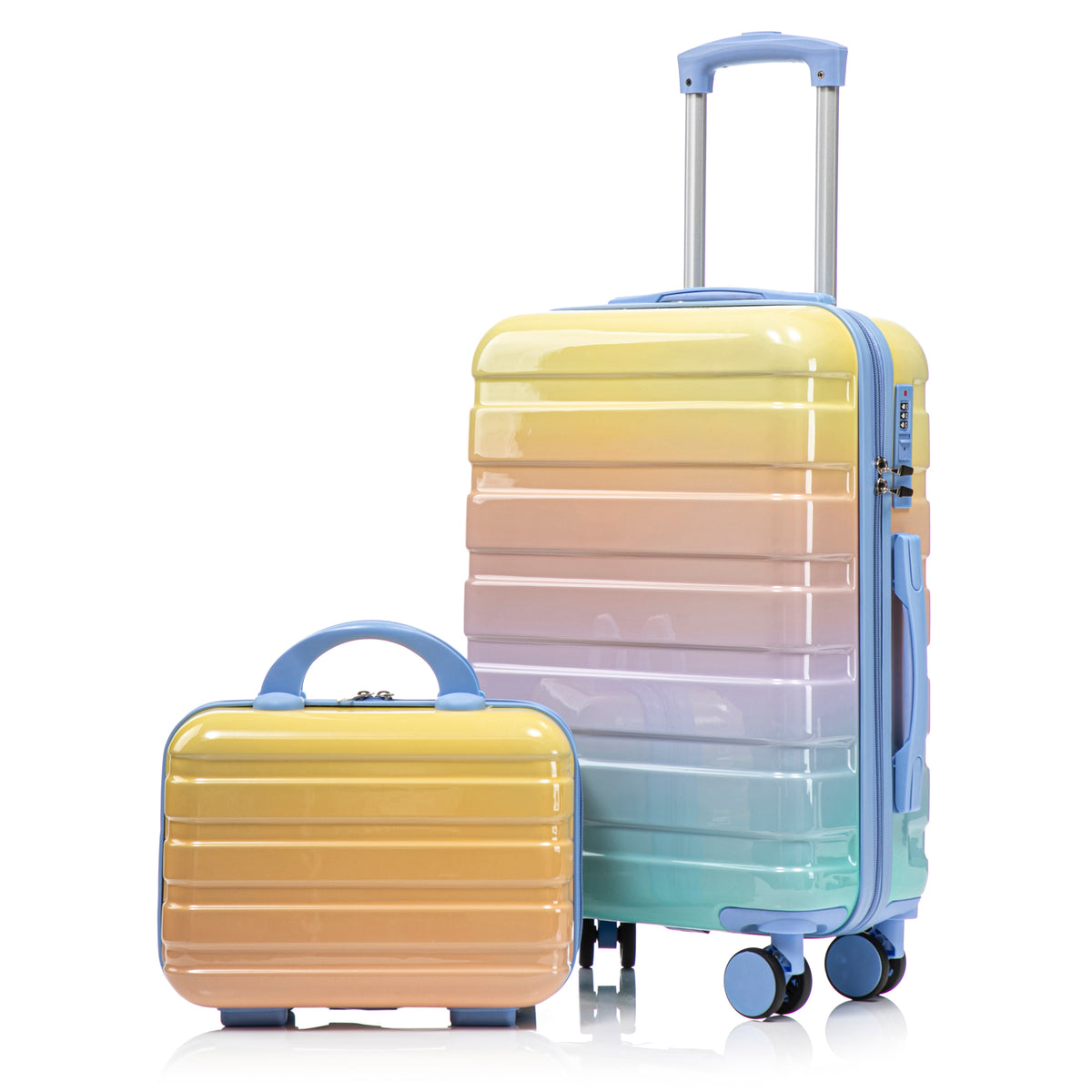 Blue+Yellow Gradient PC Spinner Luggage Set 14'+20', Carry On Suitcase with Combination Lock and Cosmetic Case