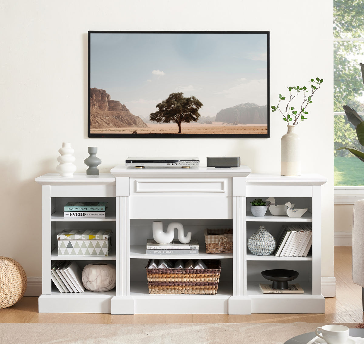 Media Console Table with Large Storage Cabinet, Modern TV Media Entertaionment Stand, White, 65.75'W*17'D*32.48'H