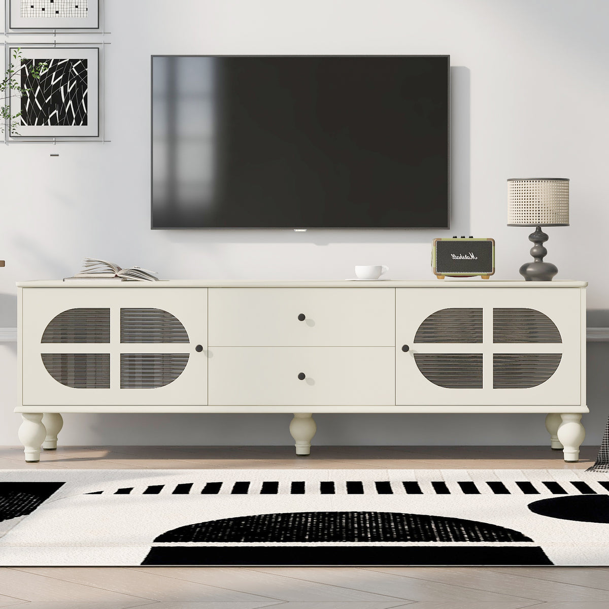 U-Can 68.9'' Modern TV Stand for TVs up to 75 Inches, Entertainment Center Media Console with Fluted Glass Doors, Five Solid Wood Legs for Living room