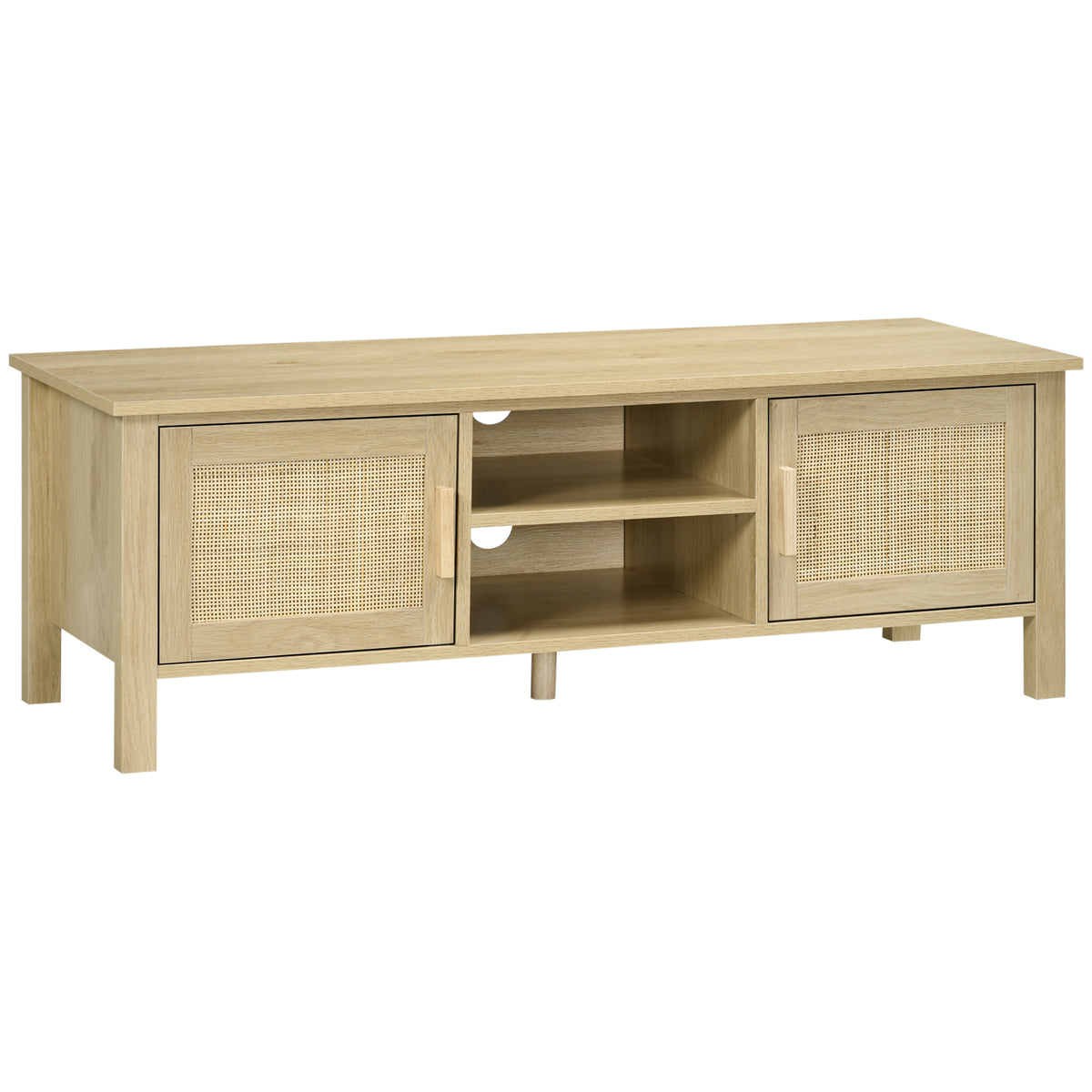 HOMCOM Boho TV Stand for 60 Inch Television, Entertainment Center with Rattan Door, Adjustable Shelf, and Storage Cabinets, Wood TV Console Cabinet for Living Room, Bedroom, Natural Wood