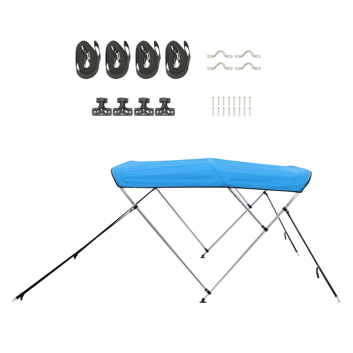 3 Bow Boat Bimini Tops, 600D Polyester Canopy with Aluminum Alloy Frame, Waterproof & Sun Shade Boat Awning Canopy with Storage Bag, 2 Support Poles, 4 Straps, 6'Lx(54'-60')Wx46'H, Pacific Blue